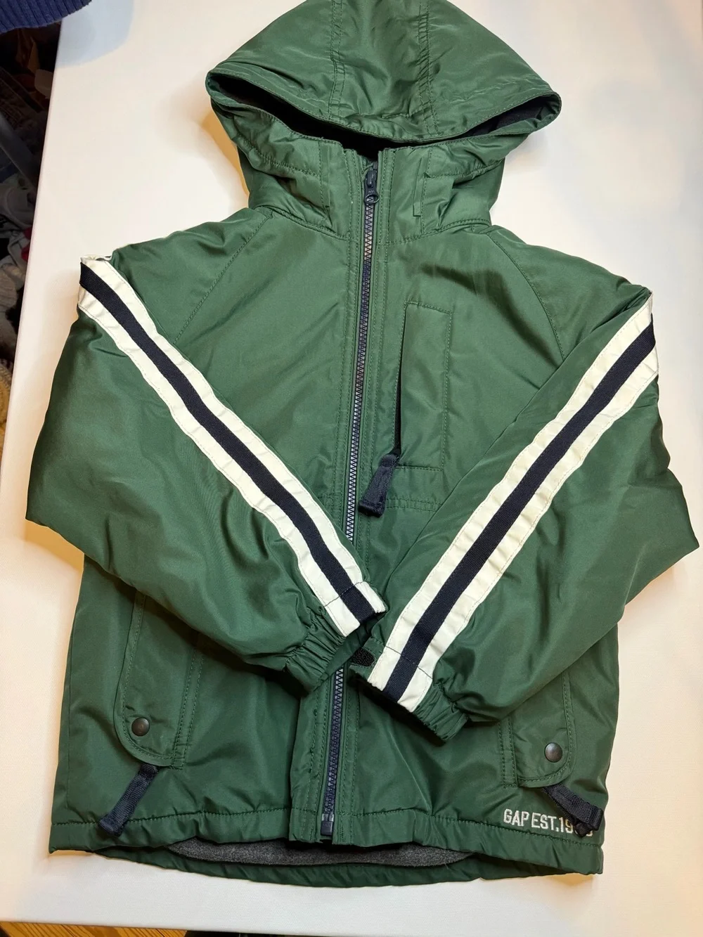 GAP Green Hooded Jacket with White & Navy Sleeve Stripes